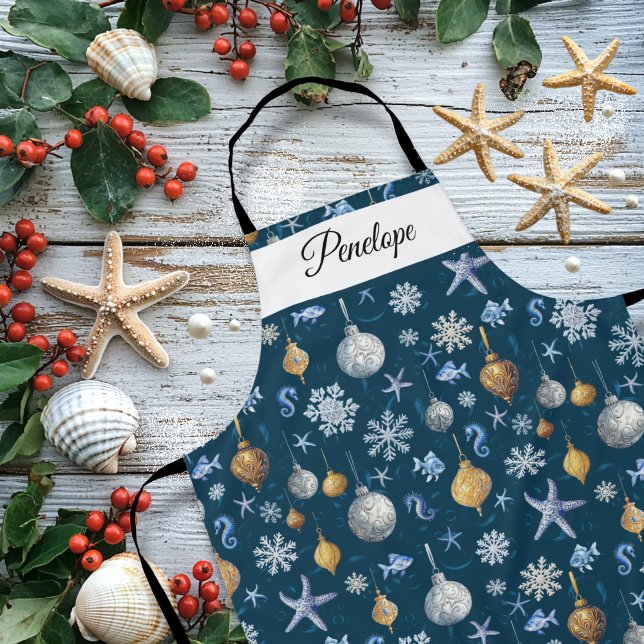 Tablier Motif des flocons de neige et des éléments nautiqu (Coastal Snowflakes & Nautical Elements Pattern Apron)