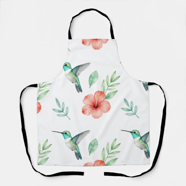 Tablier Motif d'Hibiscus au Colibri Turquoise (Recto)
