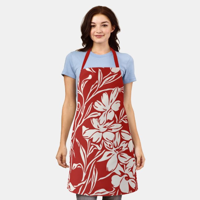 Tablier Motif d'illustration florale abstraite rouge éléga (Porté)
