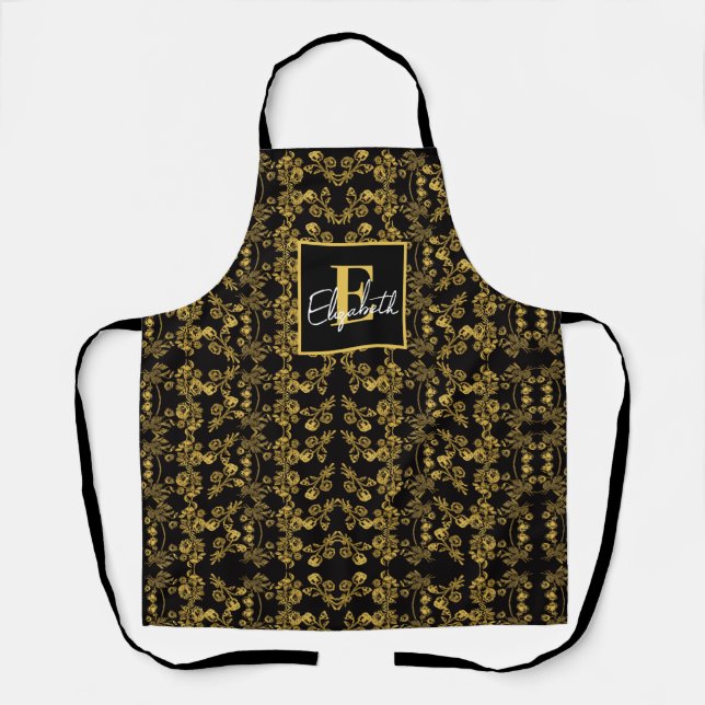 Tablier motif d'impression chic Monogram Gold Floral sur n (Recto)