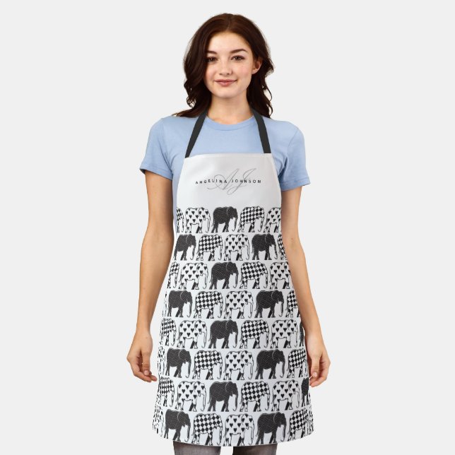 Tablier Motif éléphant noir et blanc Nom (Porté)