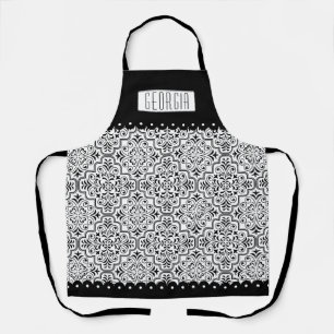 Tablier Motif et nom damassé noir et blanc