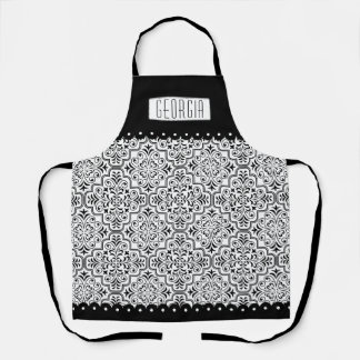 Tablier Motif et nom damassé noir et blanc