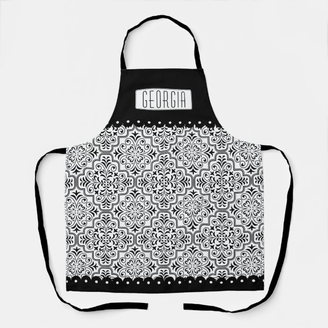 Tablier Motif et nom damassé noir et blanc (Recto)