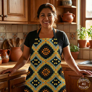 Tablier Motif ethnique bohème Orange Turquoise Noir