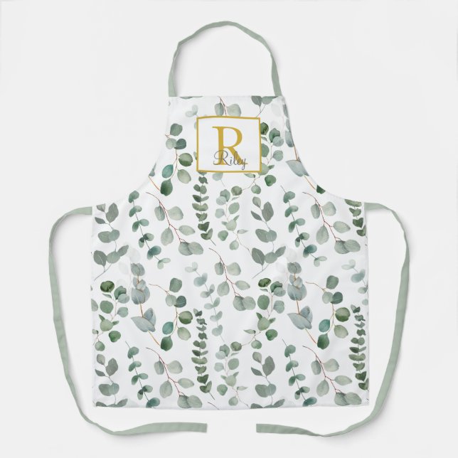Tablier Motif Eucalyptus Vert Monogramme (Recto)