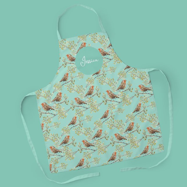 Tablier Motif européen vintage peint Robin Bird (Painted European robin Pattern with Name Apron)