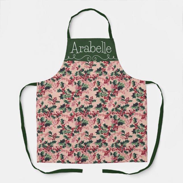 Tablier Motif Festive rose et vert Holly Ivy (Recto)