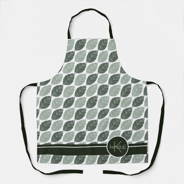 Tablier Motif feuille stylisé Monogramme vert ID707 (Recto)