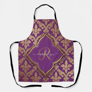Tablier Motif fleur monogramme or et pourpre royal