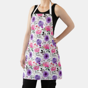 Tablier Motif floral aquarelle vibrant en rose et violet