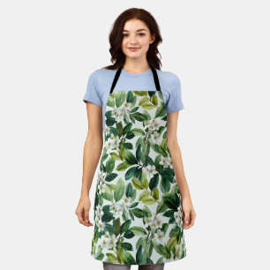 Tablier Motif floral blanc feuille verte aquarelle