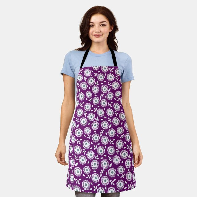 Tablier Motif floral blanc sur fond violet (Porté)