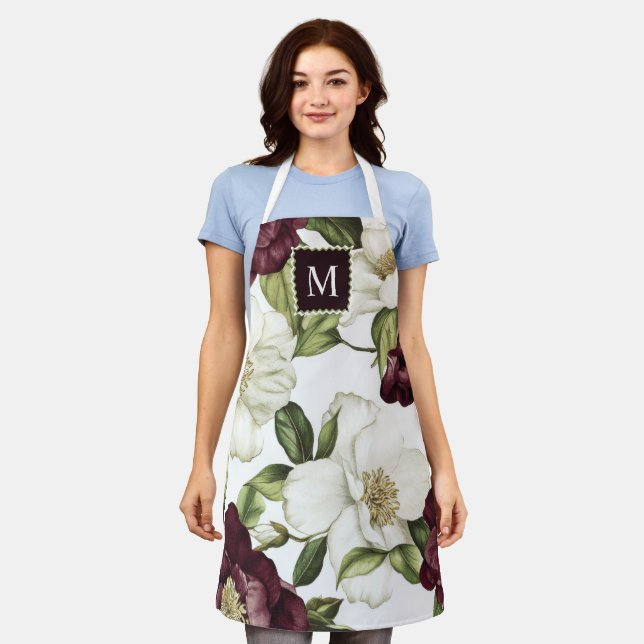 Tablier Motif Floral Bourgogne Monogramme Apron (Porté)