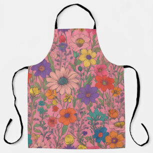 Tablier Motif floral coloré sur rose