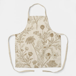 Tablier Motif floral de dessin au trait botanique sépia an
