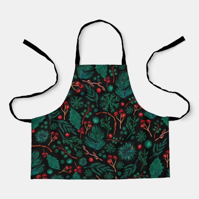 Tablier Motif floral de Noël aquarelle | Apron (Recto)