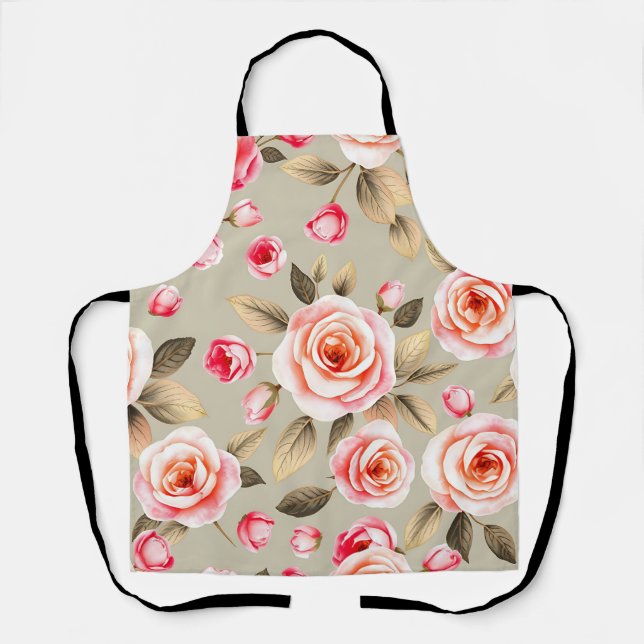 Tablier Motif floral de rose rose romantique (Recto)