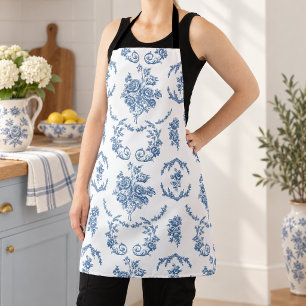 Tablier Motif floral de toile française bleue