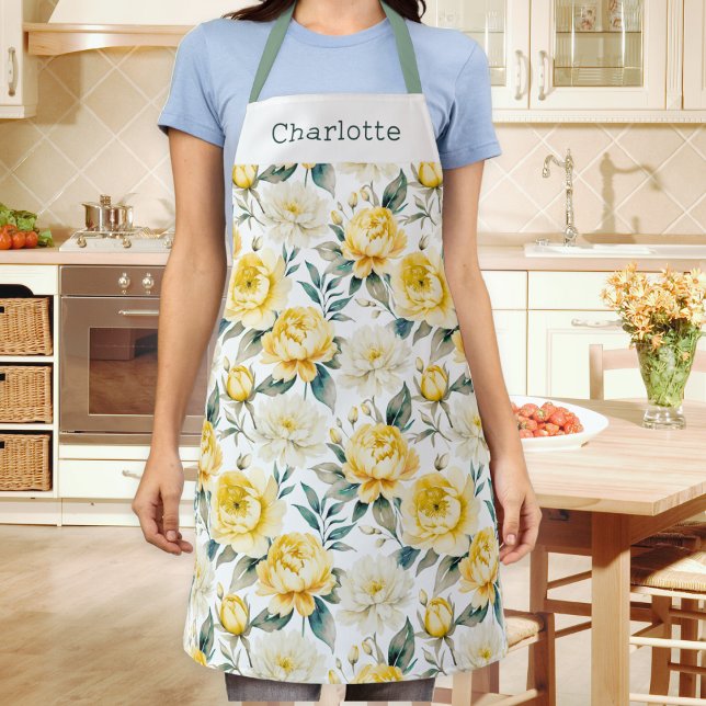 Tablier Motif floral élégant jaune blanc (A personalized kitchen apron, patterned with yellow and white peony and chrysanthemum flowers)