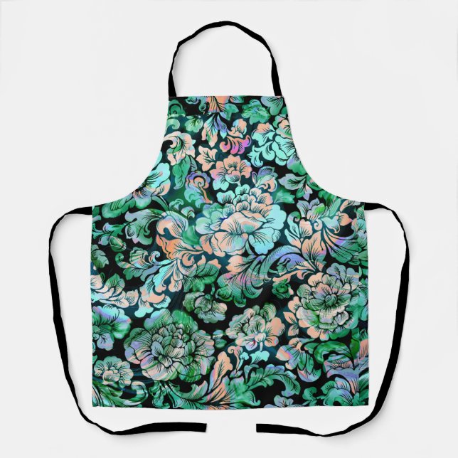 Tablier Motif floral en vert et pêche (Recto)