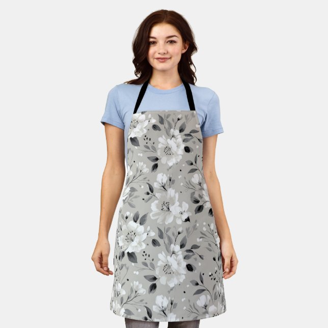 Tablier Motif floral gris fleur neutre chic (Porté)