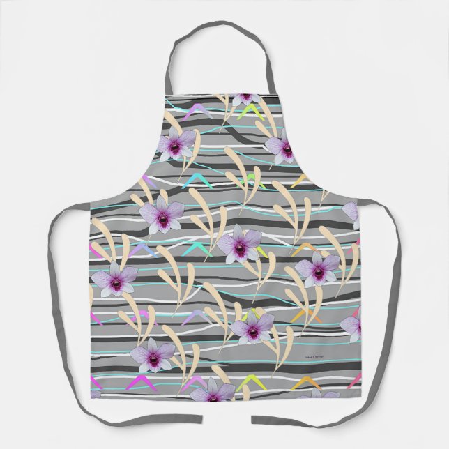 Tablier Motif floral gris pâle avec centre pourpre (Recto)