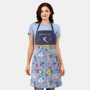 Tablier Motif Floral Jaune Violet Famille Monogramme