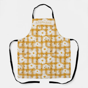 Tablier Motif floral marguerrier blanc sur En vichy jaune 