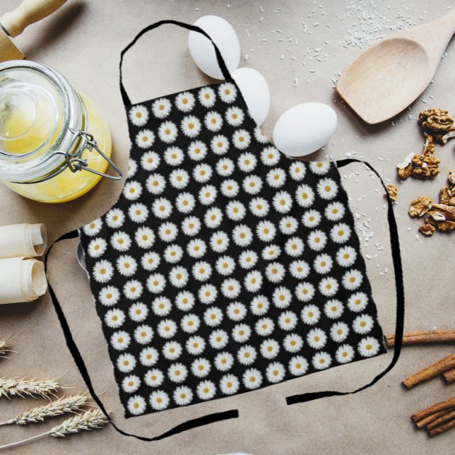 Tablier Motif floral marguerrier blanc sur noir (In Situ Kitchen)