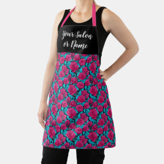 Tablier Motif floral Rose rose et turquoise