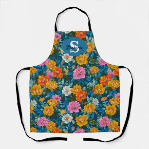 Tablier Motif floral Vintage rustique coloré en bleu (2)