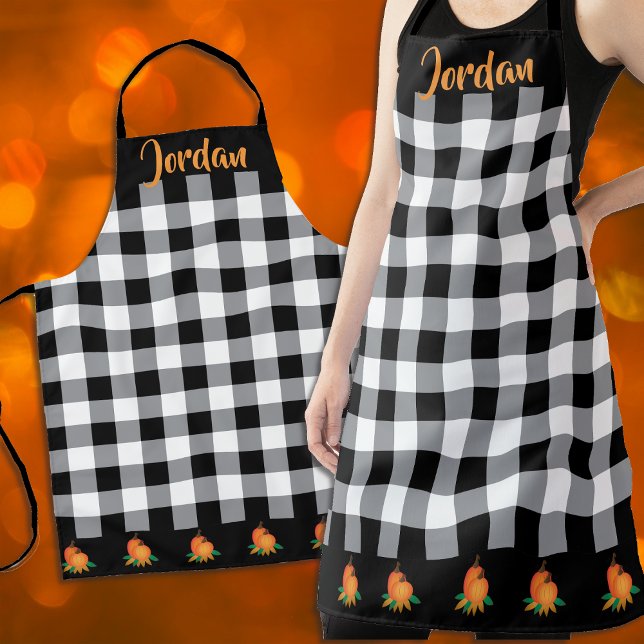 Tablier Motif Gingham noir et blanc d'automne et citrouill (Créateur téléchargé)