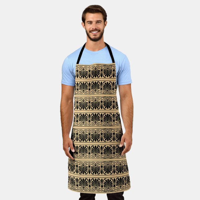 Tablier Motif grec méditerranéen arabesque marron (Porté)