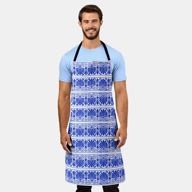 Tablier Motif grec méditerranéen bleu (Porté)