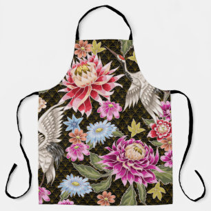 Tablier Motif japonais avec fleurs et grues blanches
