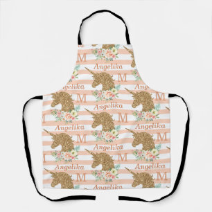 Tablier Motif Licorne Florale Paillettes Dorées Nom