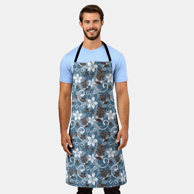 TABLIER MOTIF LUAU TIKI (BLEU) (Porté)