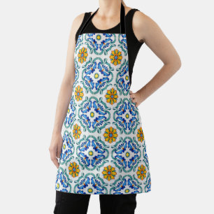 Tablier Motif méditerranéen bleu rustique jaune