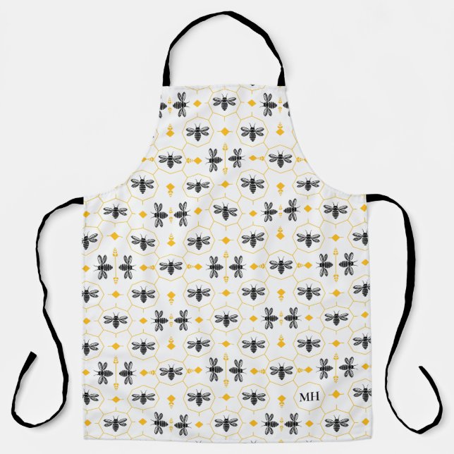 Tablier Motif moderne de abeille jaune Monogramme noir élé (Recto)