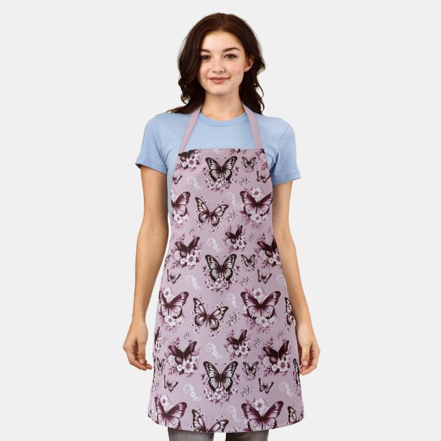 Tablier Motif Papillon Rose (Porté)