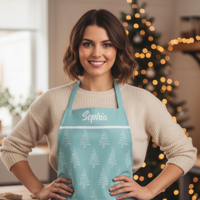 Tablier Motif Pastel Bleu Et Blanc Arbre De Noël (Pastel Blue And White Christmas Tree Pattern Apron)