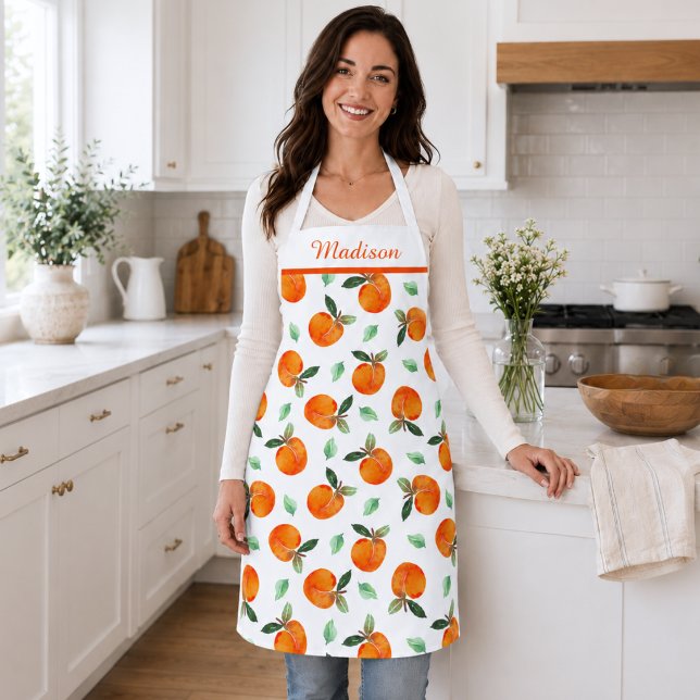 Tablier Motif pêche (elegant cute whimsical orange peach apron with custom monogram name)