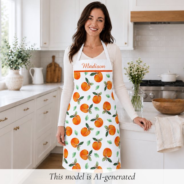 Tablier Motif pêche (elegant cute whimsical orange peach apron with custom monogram name)