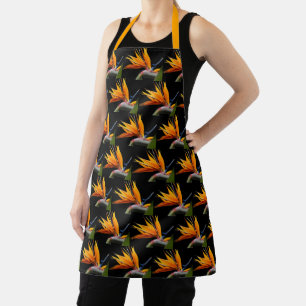 Tablier Motif Plante Orange Bird of Paradise sur Noir