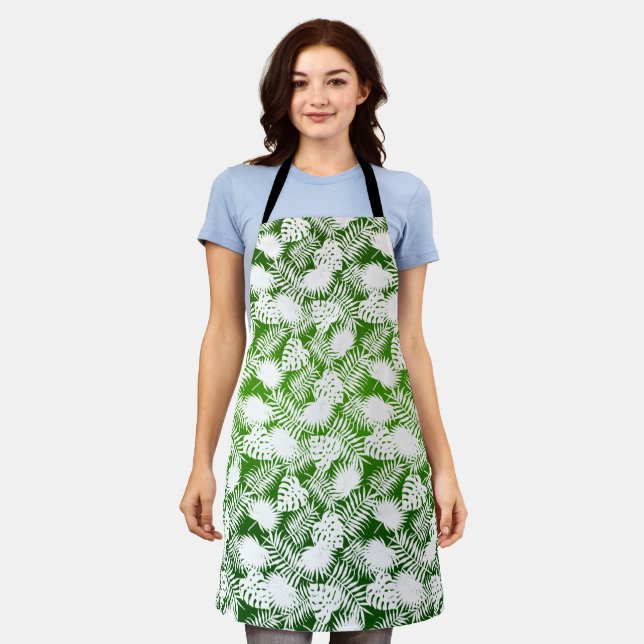 TABLIER MOTIF SANS COUTURE FEUILLES VERT BLANC  (Porté)