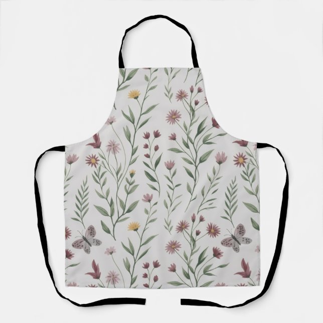 Tablier Motif sans couture papillon et fleur sauvage beige (Recto)