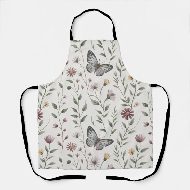 Tablier Motif sans couture Papillon et Fleur Sauvage Beige (Recto)