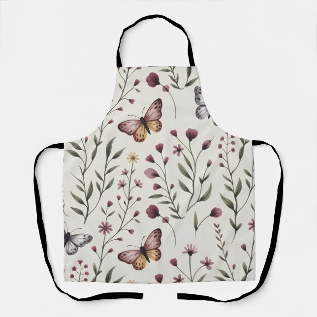 Tablier Motif sans couture papillon et fleur sauvage beige (Recto)