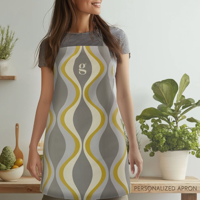 Tablier motif super rétro - monogramme - taupe or (Personalized Apron)